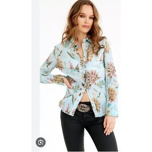 Cino Designer Tangier Vintage Aqua Button Down Blouse Top Small